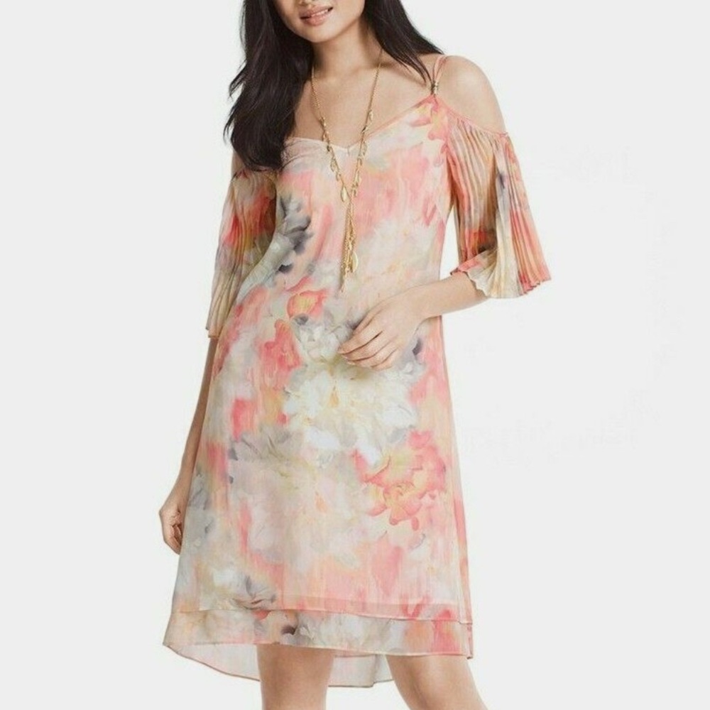 EUC Watercolor Peach Floral Cold Shoulder Dress
